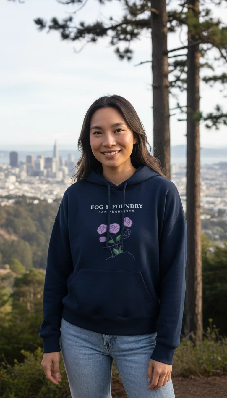 A woman wearing a Fog & Foundry navy organic cotton mid-length hoodie with a floral graphic, outdoors in San Francisco.