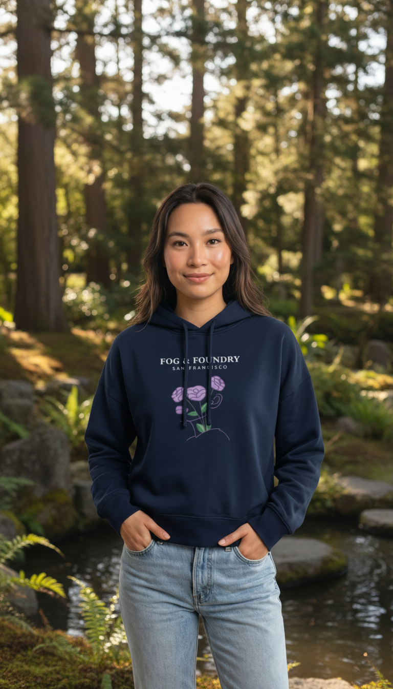 A woman wearing a Fog & Foundry navy blue organic cotton mid-length hoodie with a floral graphic in a forest setting.