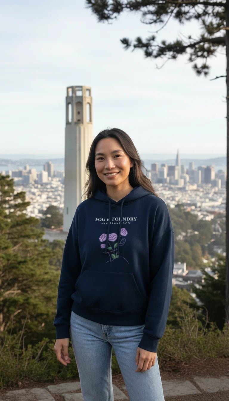 A woman wearing a navy Fog & Foundry organic cotton mid-length hoodie with a floral graphic, standing in San Francisco.