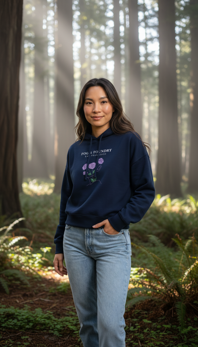 Woman wearing a Fog & Foundry navy organic cotton mid-length hoodie with floral graphic in a misty redwood forest.