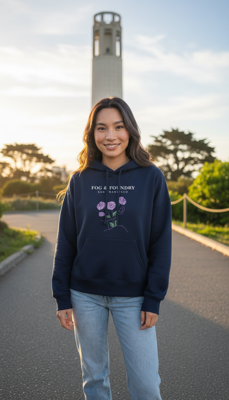 Woman wearing a navy Fog & Foundry organic cotton mid-length hoodie with a floral graphic, standing outdoors.