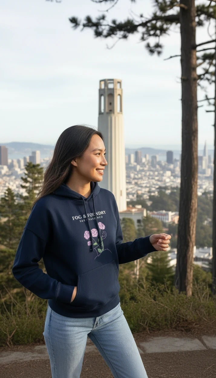Woman wearing a navy Fog & Foundry organic cotton mid-length hoodie with a floral graphic overlooking San Francisco.