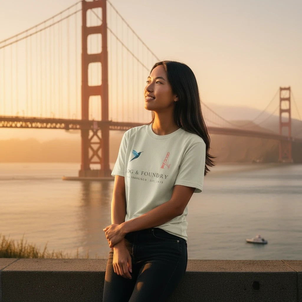 Woman wearing a Fog & Foundry organic cotton t-shirt with a graphic print, standing before the Golden Gate Bridge.