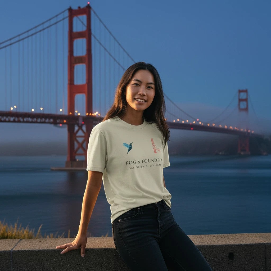 Woman wearing a Fog & Foundry organic cotton t-shirt with a graphic logo in front of the Golden Gate Bridge at dusk.