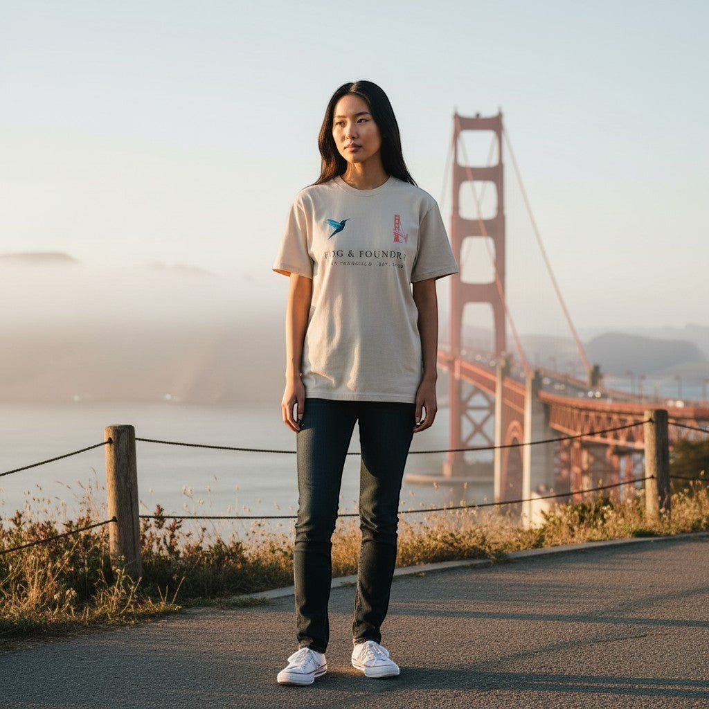 Woman wearing a Fog & Foundry organic cotton t-shirt with a graphic print, standing before the Golden Gate Bridge.