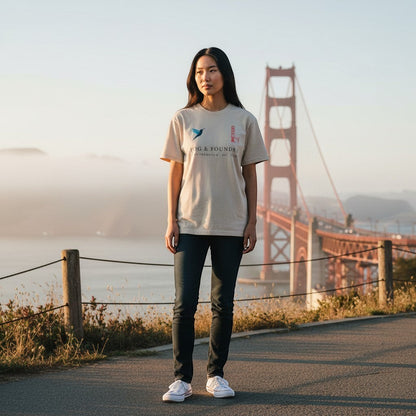 Woman wearing a Fog & Foundry organic cotton t-shirt with a graphic print, standing before the Golden Gate Bridge.