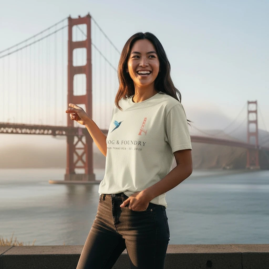 Woman wearing a Fog & Foundry organic cotton t-shirt with a graphic print, standing before the Golden Gate Bridge.