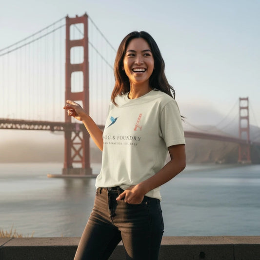 Woman wearing a Fog & Foundry organic cotton t-shirt with a graphic print, standing before the Golden Gate Bridge.