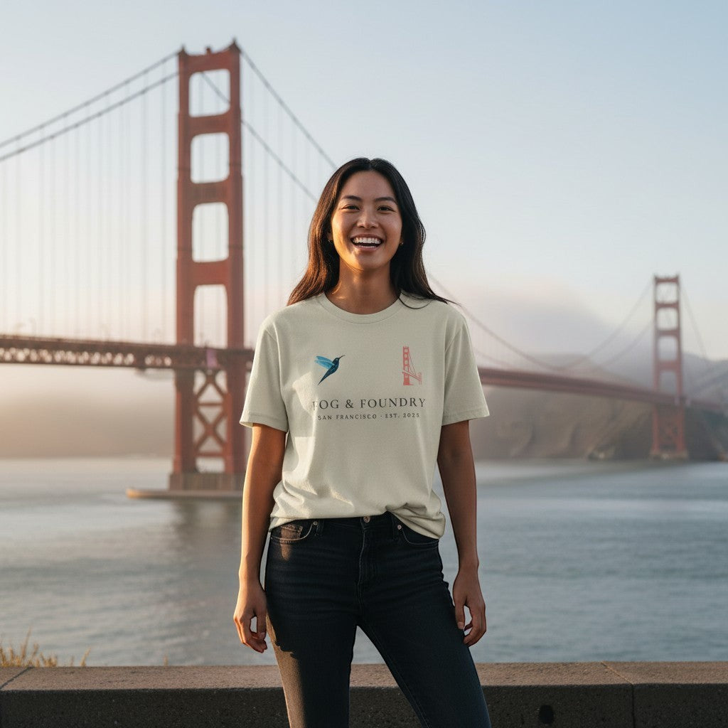 Woman wearing a Fog & Foundry organic cotton t-shirt with a graphic logo in front of the Golden Gate Bridge