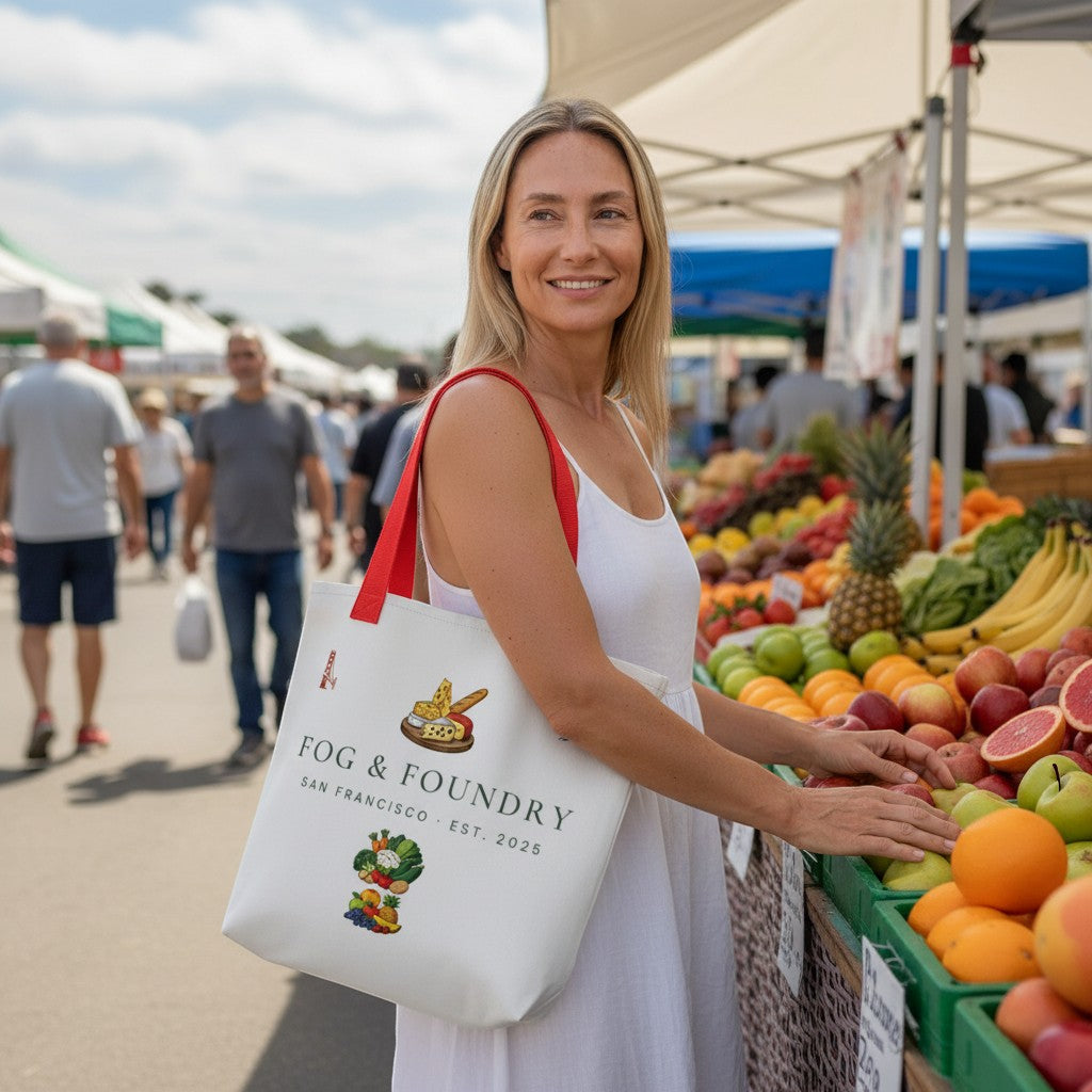 A woman in a white dress at a farmers market carrying a Fog & Foundry white polyester market tote with red handles.