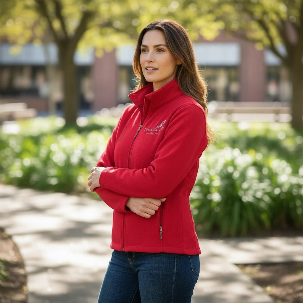 Woman wearing a red Fog & Foundry full-zip polyester fleece jacket with a stand-up collar in an outdoor park setting.