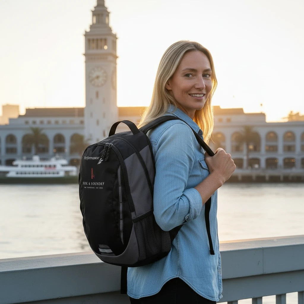 Woman wearing a black Fog & Foundry Ridge backpack with a hummingbird logo, standing by the San Francisco waterfront.