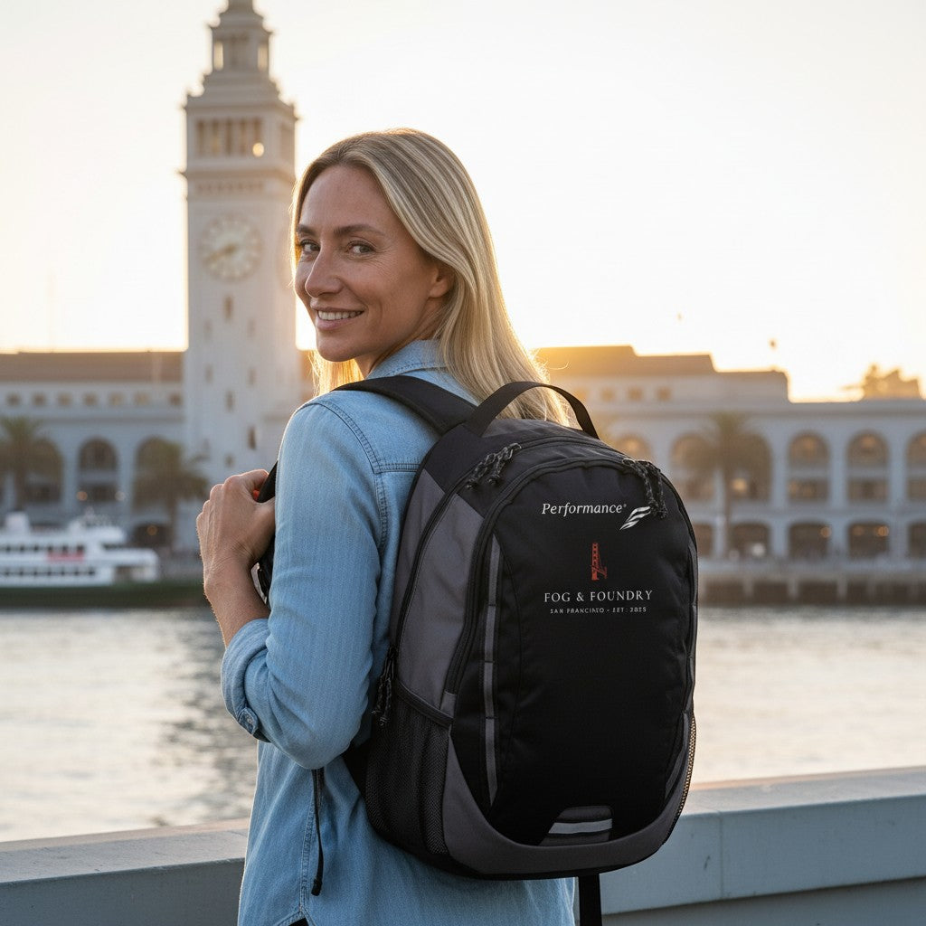 Woman wearing a black Fog & Foundry Ridge backpack by the San Francisco waterfront at sunset.