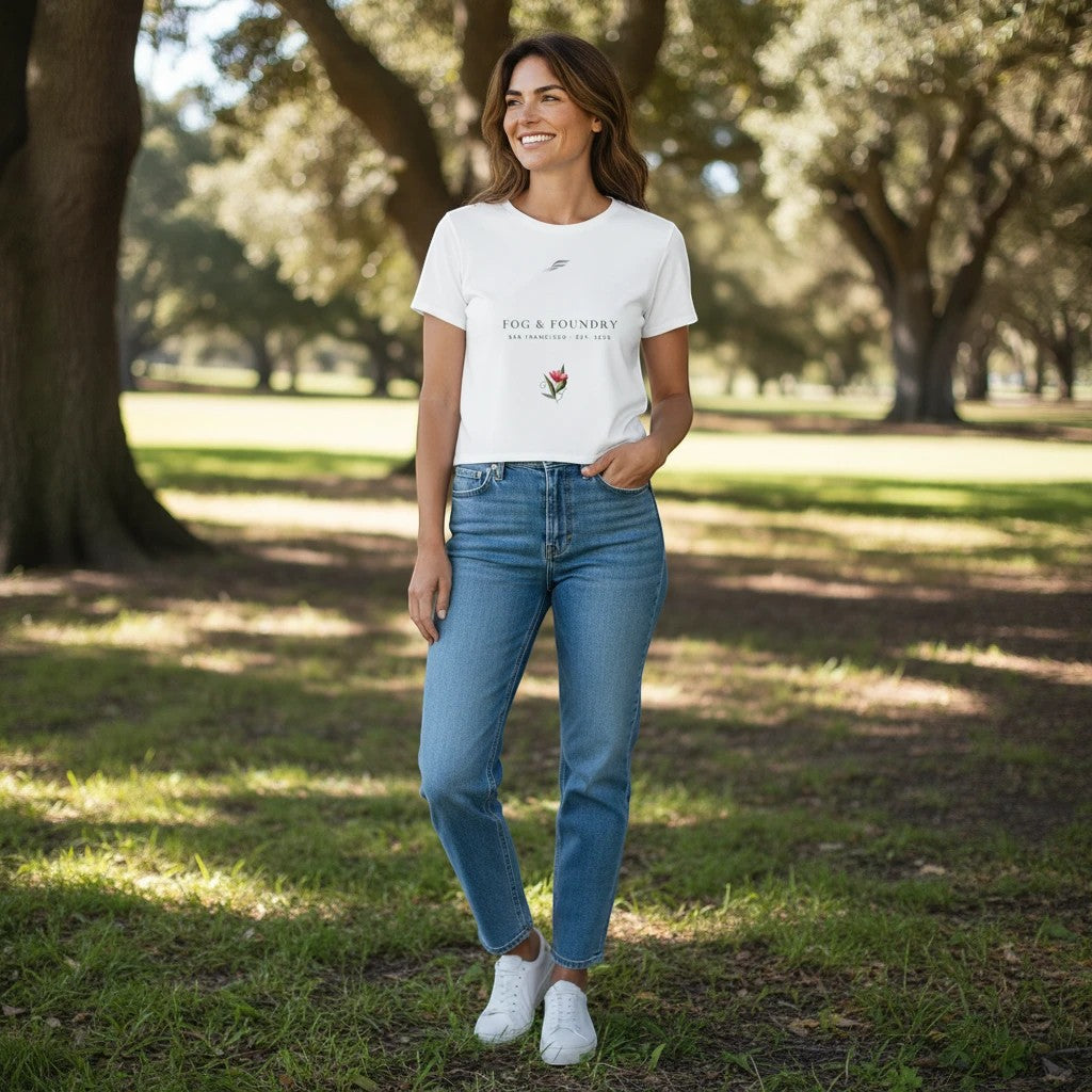 Woman wearing a white Fog & Foundry crop tee with a floral bloom graphic, styled with blue jeans in a park.