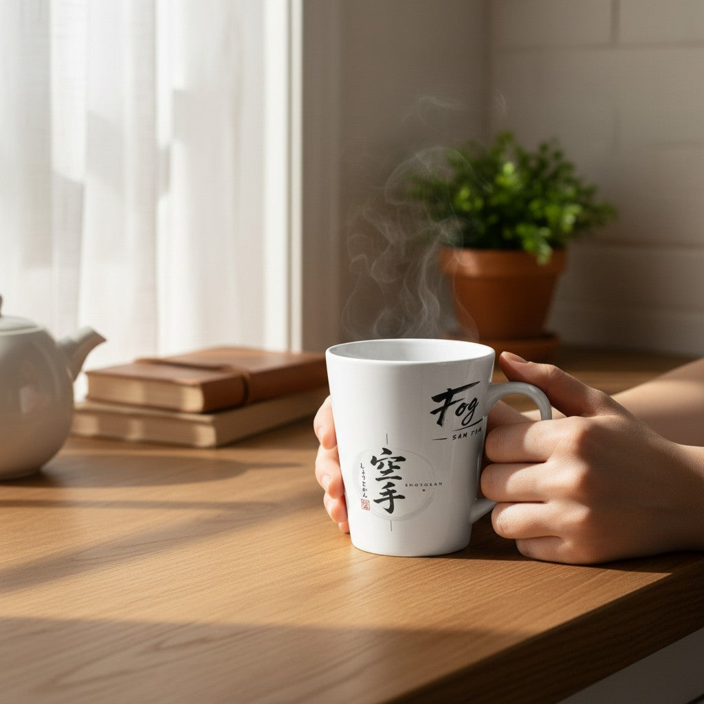 Fog & Foundry white ceramic Japan mug with black calligraphy held by hands on a sunny wooden table.