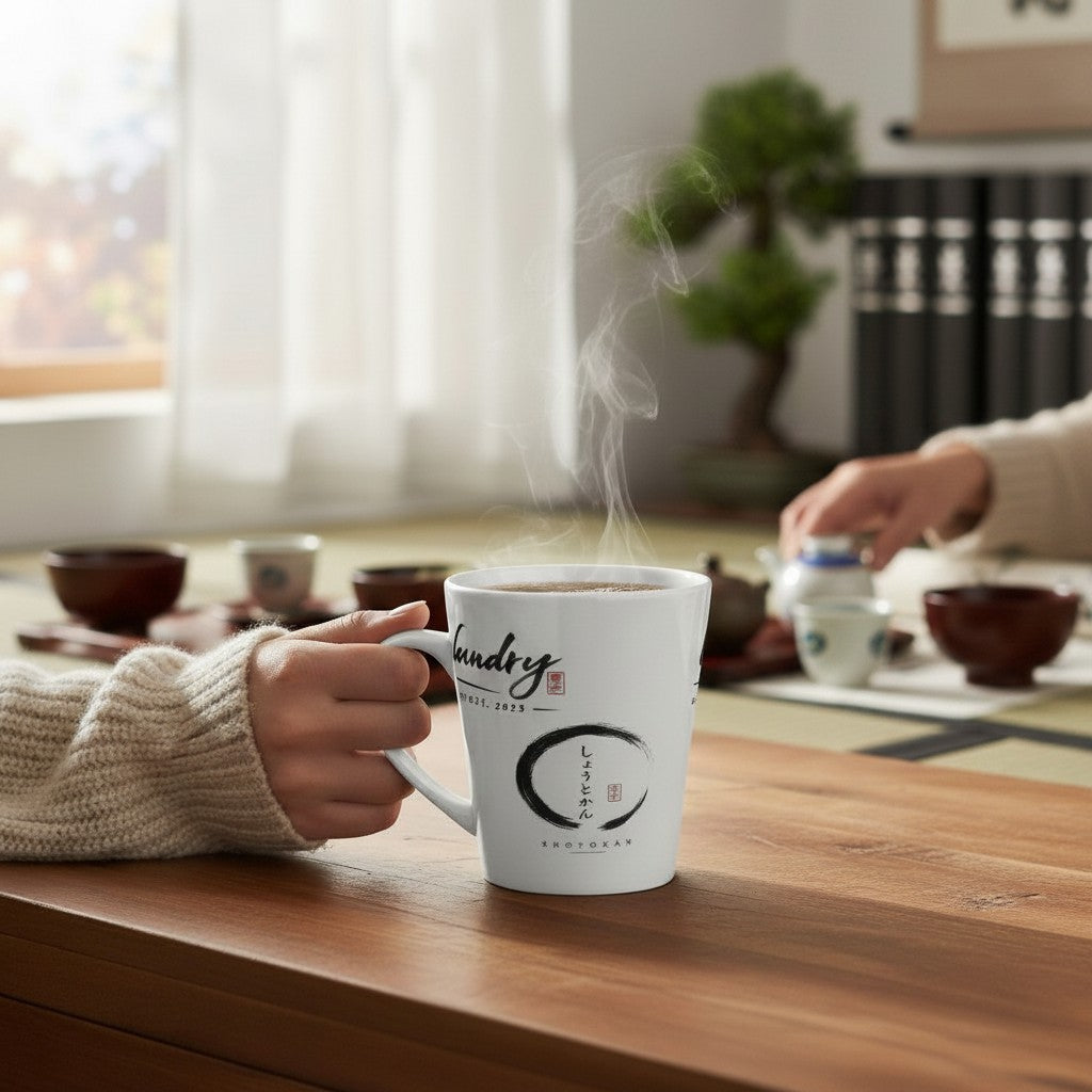 Fog & Foundry white ceramic Japan mug with black calligraphy design held in a hand on a wooden table