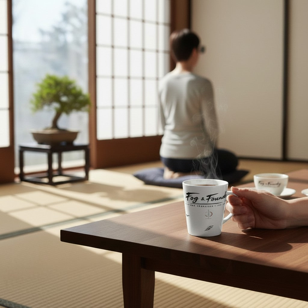 Fog & Foundry white ceramic Japan mug with glossy finish held in a hand, set in a serene Japanese-style room.