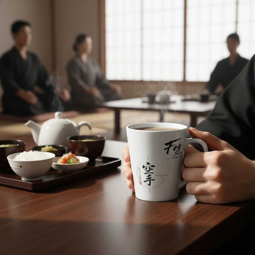 Fog & Foundry white ceramic Japan mug with black calligraphy held in hands at a table with a traditional tea set.