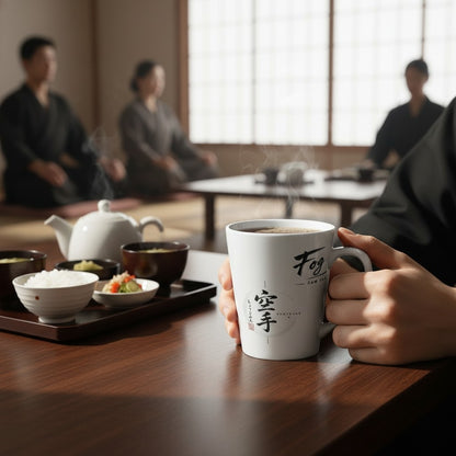 Fog & Foundry white ceramic Japan mug with black calligraphy held in hands at a table with a traditional tea set.