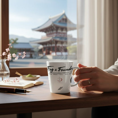 Fog & Foundry white ceramic Japan mug with glossy finish held by a hand on a wooden desk overlooking a temple view.