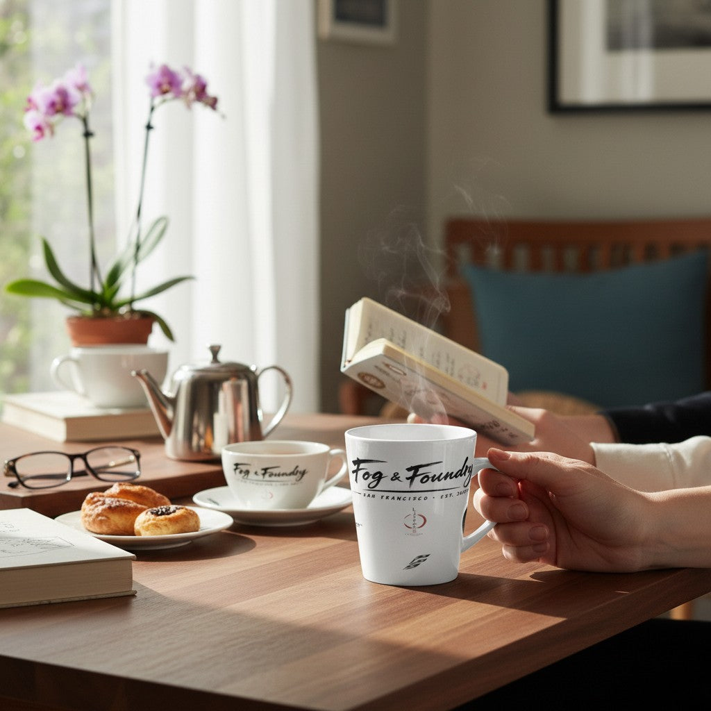 Fog & Foundry white ceramic Japan mug with a glossy finish held by a person reading a book on a sunny morning.