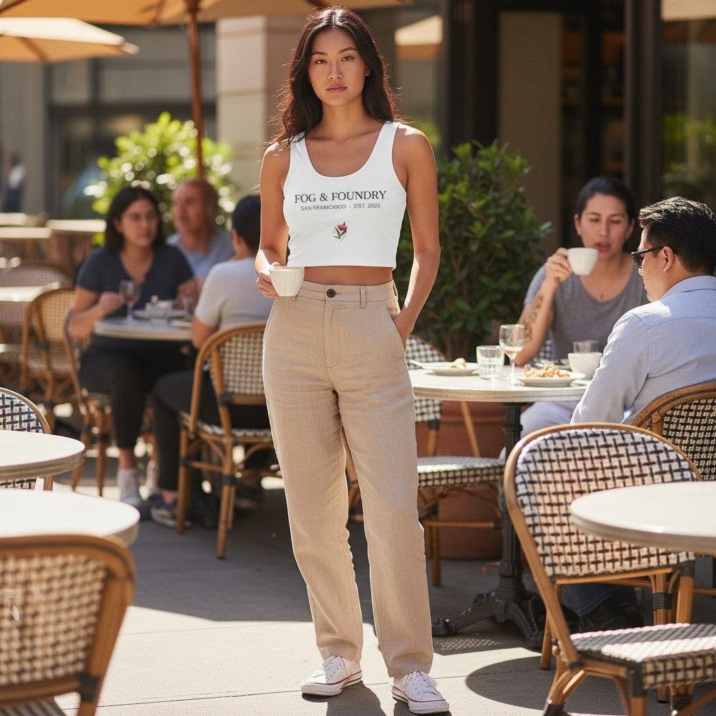Fog & Foundry white heavyweight cotton crop top with logo, worn by a woman in a cafe setting.