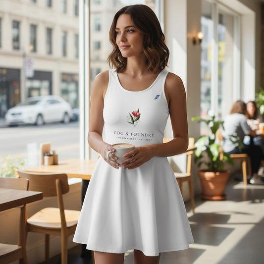 Woman wearing a white Fog & Foundry cotton skater dress with a floral graphic, standing in a sunlit cafe.