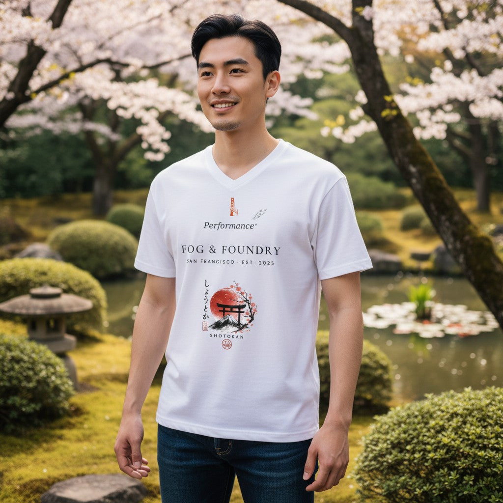 A man wearing a white Fog & Foundry V-neck graphic t-shirt with Japanese-inspired artwork in a serene garden setting.