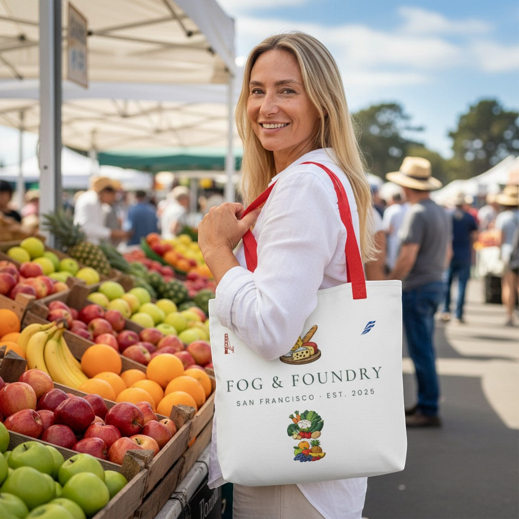 Woman carrying a Fog & Foundry white polyester market tote bag with red cotton handles at a sunny outdoor farmers market