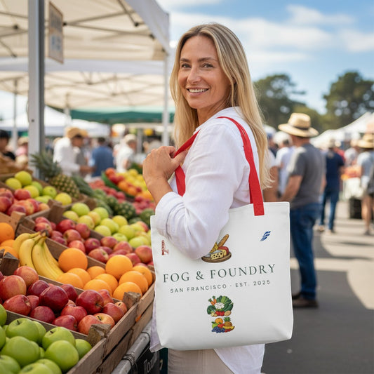Woman carrying a Fog & Foundry white polyester market tote bag with red cotton handles at a sunny outdoor farmers market