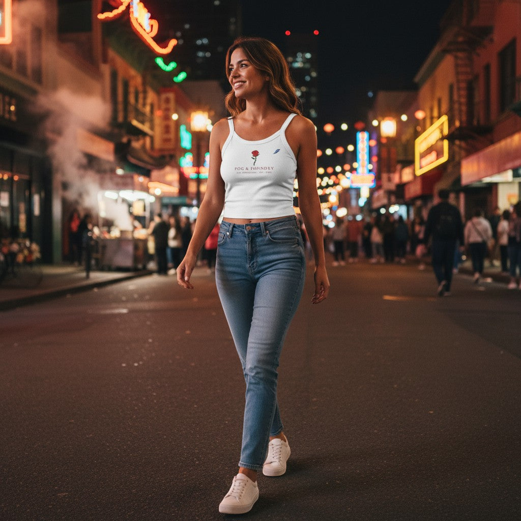 Woman wearing a white Fog & Foundry micro-rib scoop neck tank top and blue jeans walking on a city street at night.