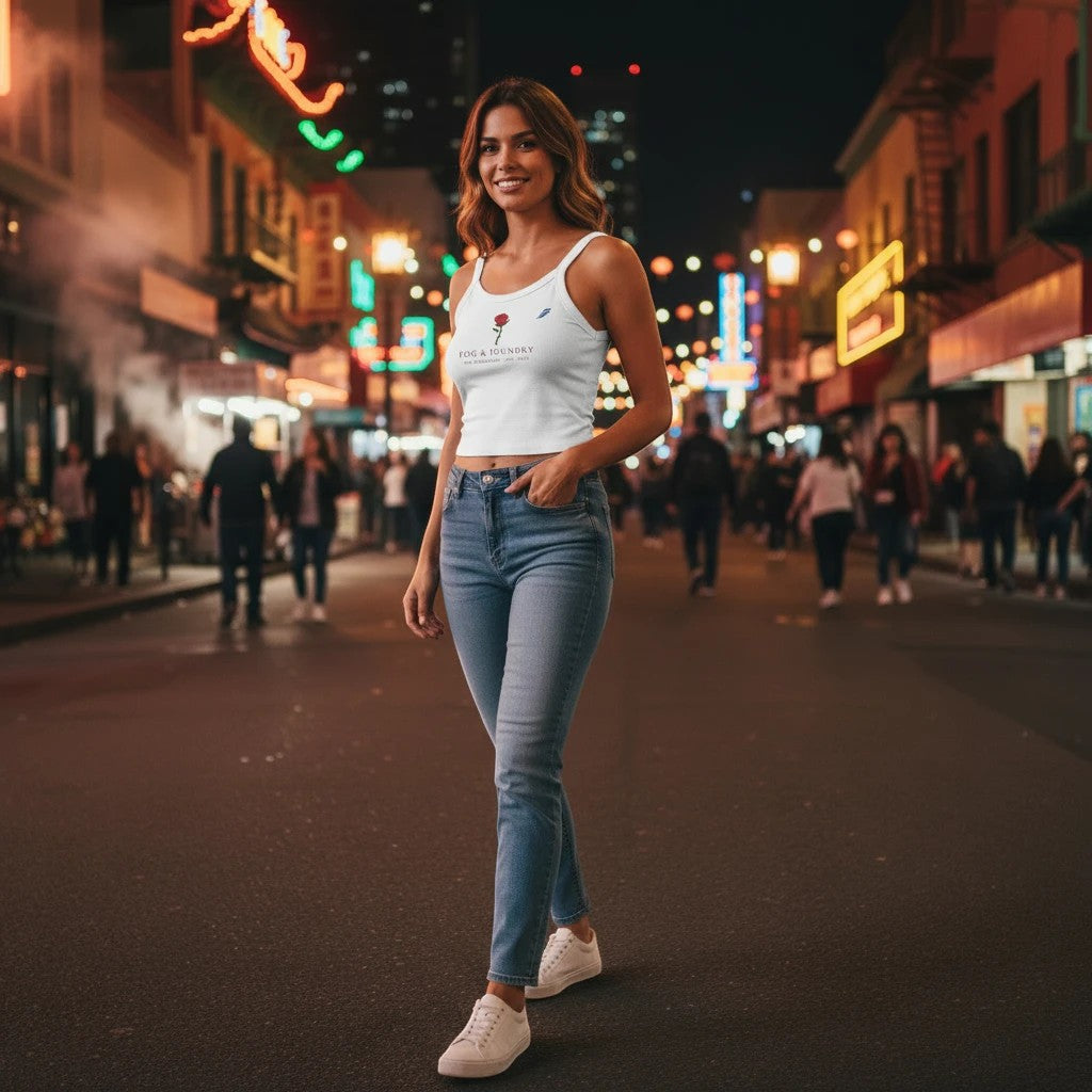 Woman wearing a white Fog & Foundry micro-rib scoop neck tank top and blue jeans on a city street at night.