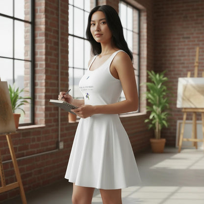 A woman wearing a white Fog & Foundry sleeveless skater dress with a flared skirt in an art studio.