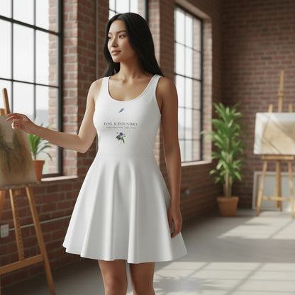 A woman wearing a white Fog & Foundry sleeveless skater dress with a flared skirt in a sunlit art studio.