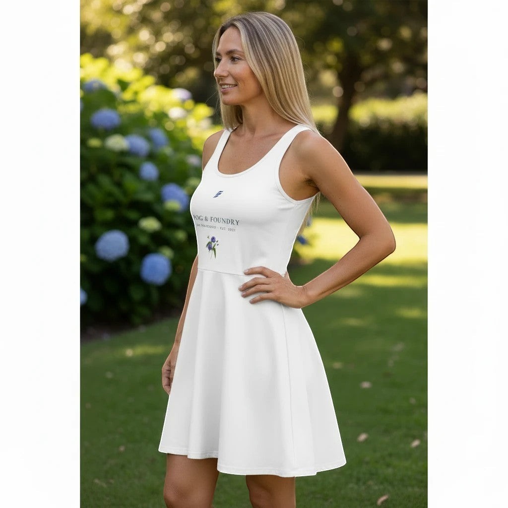 Woman wearing a white Fog & Foundry sleeveless skater dress with a flared skirt in a garden setting.