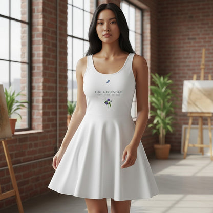 Woman wearing a white Fog & Foundry sleeveless skater dress with a flared skirt in a sunlit brick studio.