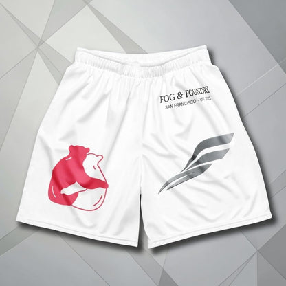 Fog & Foundry white moisture-wicking trail shorts with red graphic and brand logo on an elastic waistband