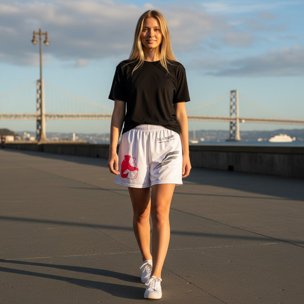 Woman wearing Fog & Foundry white trail shorts with graphic print and black t-shirt walking on a waterfront path.