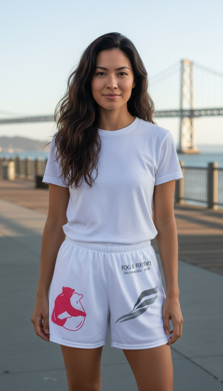 Woman wearing Fog & Foundry white recycled polyester trail shorts with graphic prints and elastic waistband