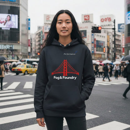 Woman wearing a black Fog & Foundry heavyweight cotton hoodie with a red Golden Gate Bridge graphic in a city street