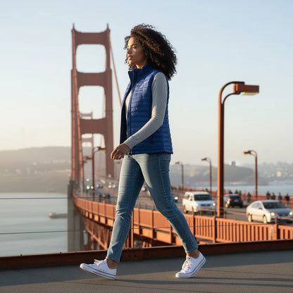 A woman wearing a blue Fog & Foundry quilted polyfill Marina Vest walking on the Golden Gate Bridge at sunset.