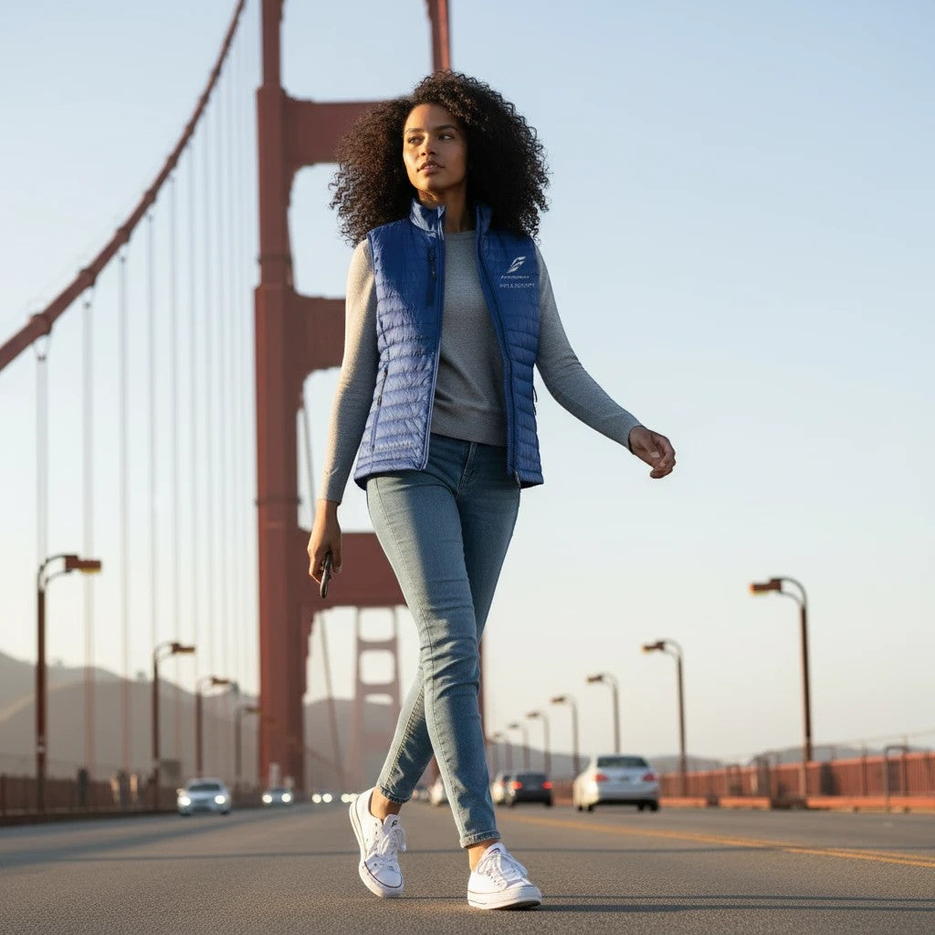 A woman wearing a blue Fog & Foundry quilted Marina Vest over a grey sweater, walking on the Golden Gate Bridge.