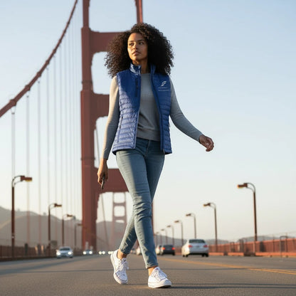 A woman wearing a blue Fog & Foundry quilted Marina Vest over a grey sweater, walking on the Golden Gate Bridge.