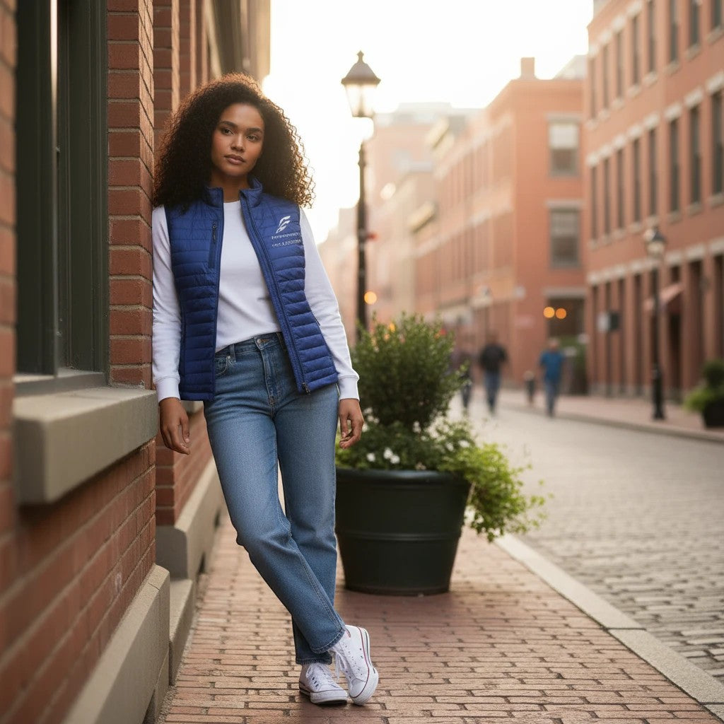 A woman wearing a blue Fog & Foundry quilted Marina Vest over a white long-sleeve shirt and jeans on a city street.