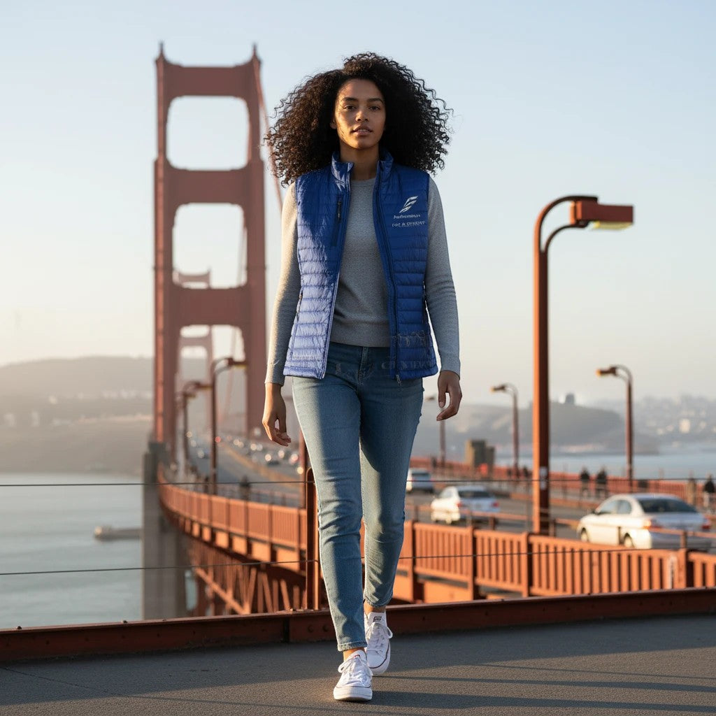 A model wearing a blue Fog & Foundry quilted polyfill Marina Vest while walking on the Golden Gate Bridge at sunrise.