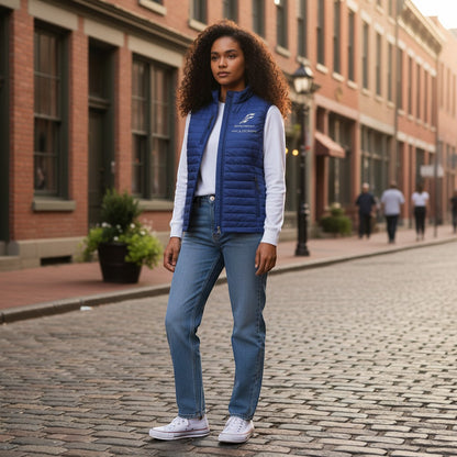A woman wearing a blue Fog & Foundry quilted Marina vest over a white long-sleeve shirt and jeans on a city street.