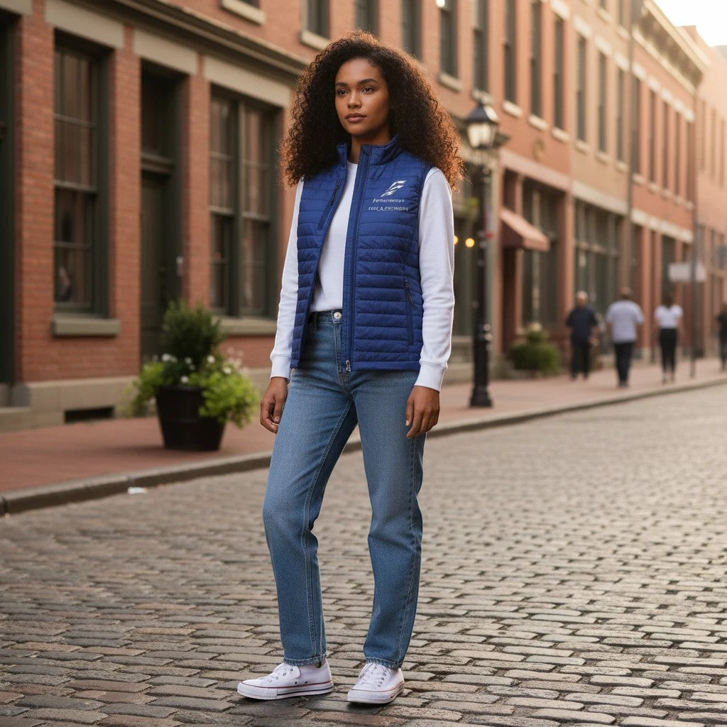 Model wearing a blue Fog & Foundry quilted Marina Vest with a hummingbird logo on a cobblestone city street.