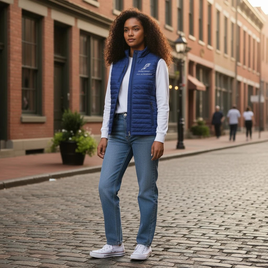 A woman wearing a Fog & Foundry blue quilted Marina Vest with a stand collar over a white long-sleeve shirt and jeans.