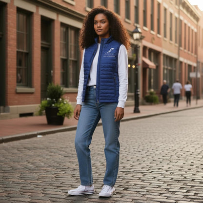 A woman wearing a Fog & Foundry blue quilted Marina Vest with a stand collar over a white long-sleeve shirt and jeans.