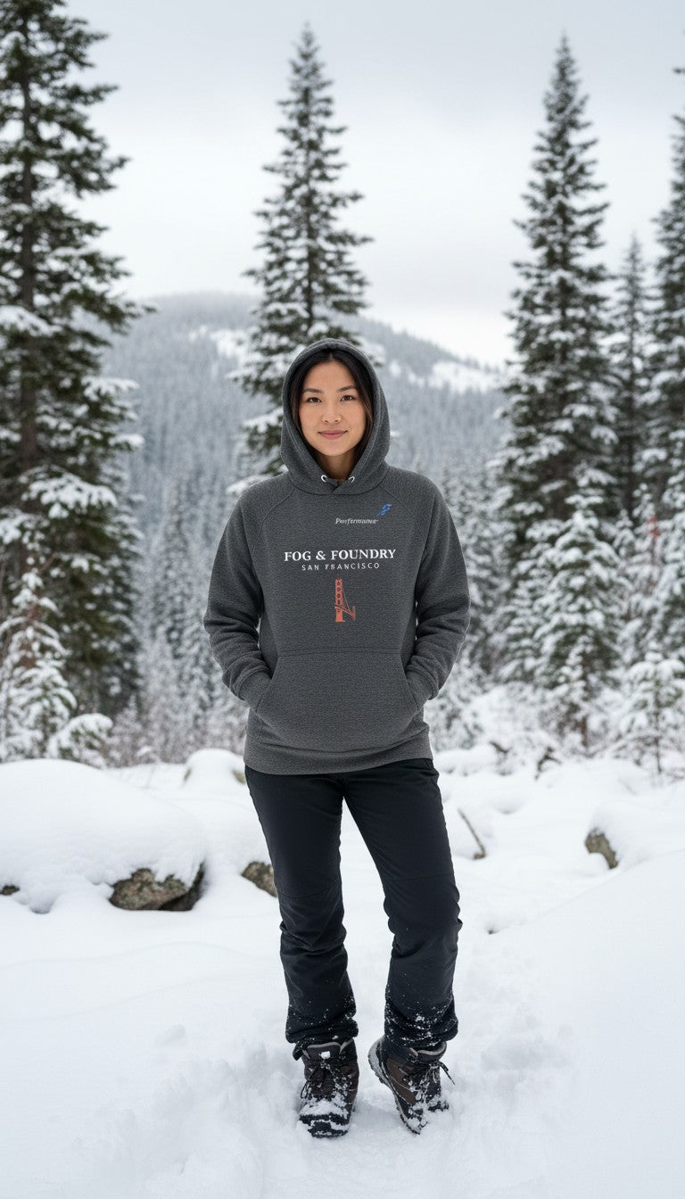 Woman wearing a charcoal grey Fog & Foundry organic cotton raglan hoodie in a snowy forest landscape.